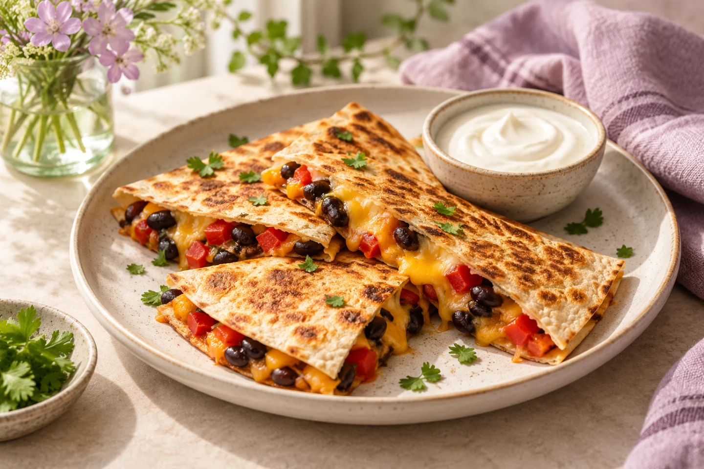 Golden quesadilla wedges filled with black beans, pepper and cheese beside yogurt.