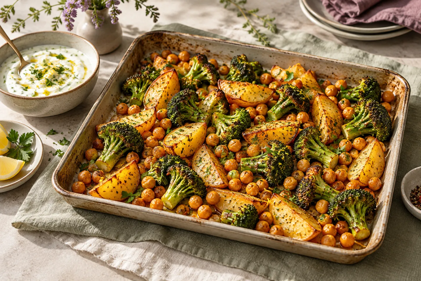 A tray of roasted potatoes, broccoli and chickpeas beside lemon yogurt.