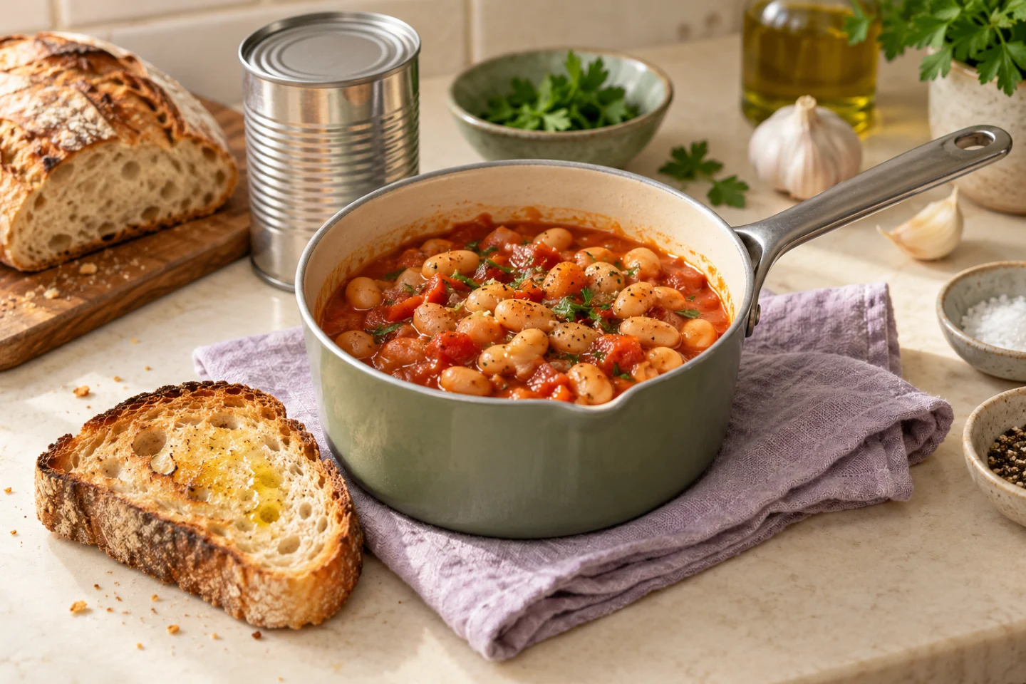 Tomato beans in a saucepan with toast and a plain tin nearby.