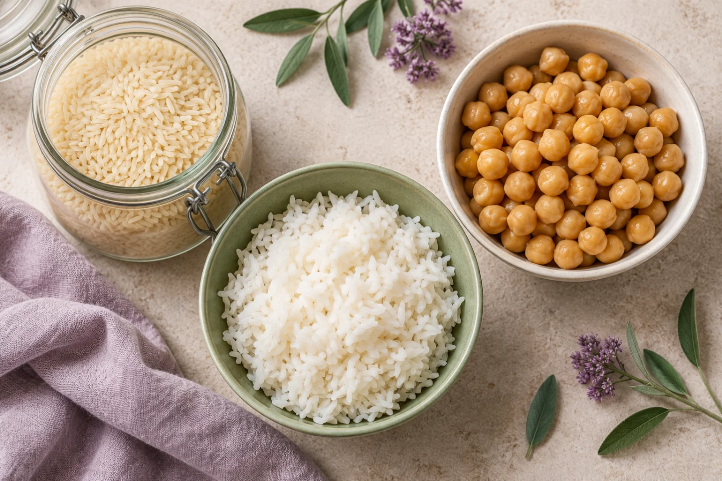 Dry rice in a jar, cooked rice in a bowl and chickpeas in a separate bowl.