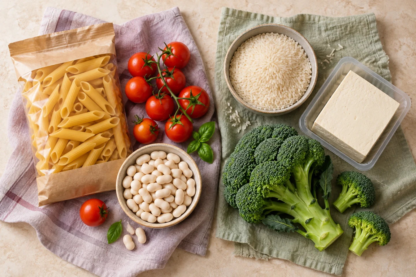 Pasta, tomatoes and beans beside rice, tofu and broccoli.