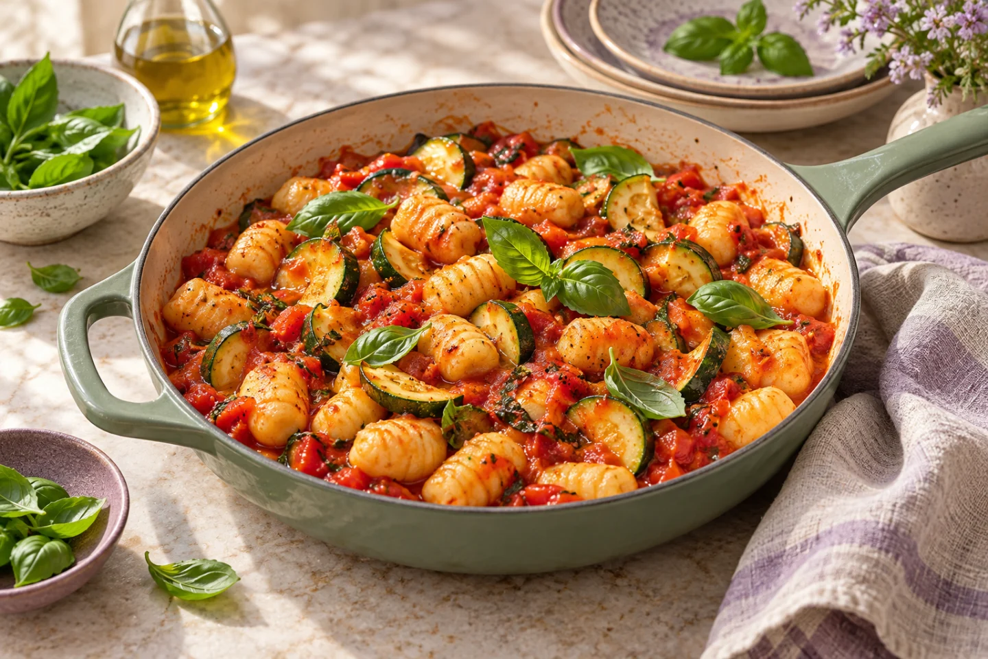 Potato gnocchi, courgette and tomato sauce in a pan with basil.