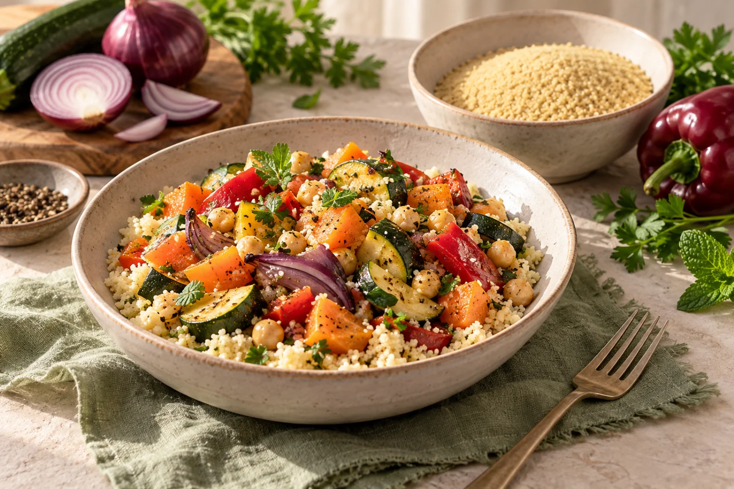 Vegetable couscous with a bowl of dry couscous and whole vegetables nearby.