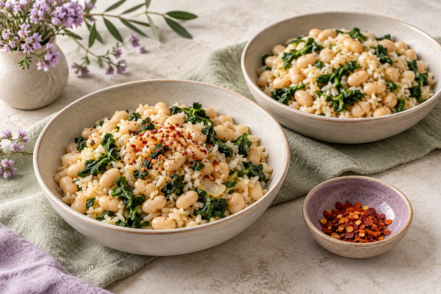 Two bowls of beans and rice with chili flakes served separately.