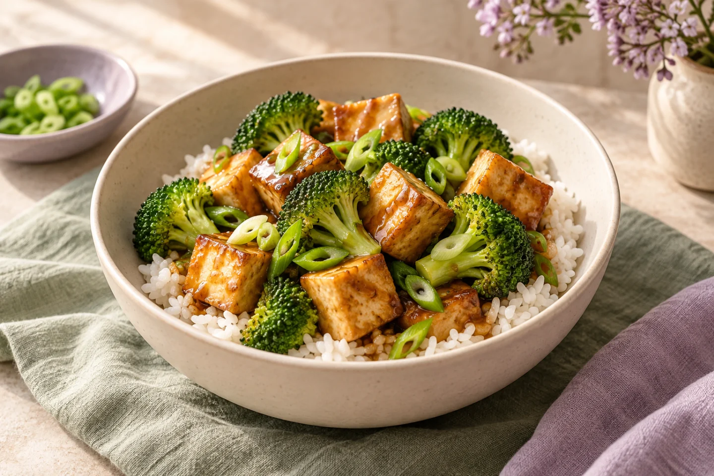 Golden tofu and broccoli over rice, finished with sliced spring onions.