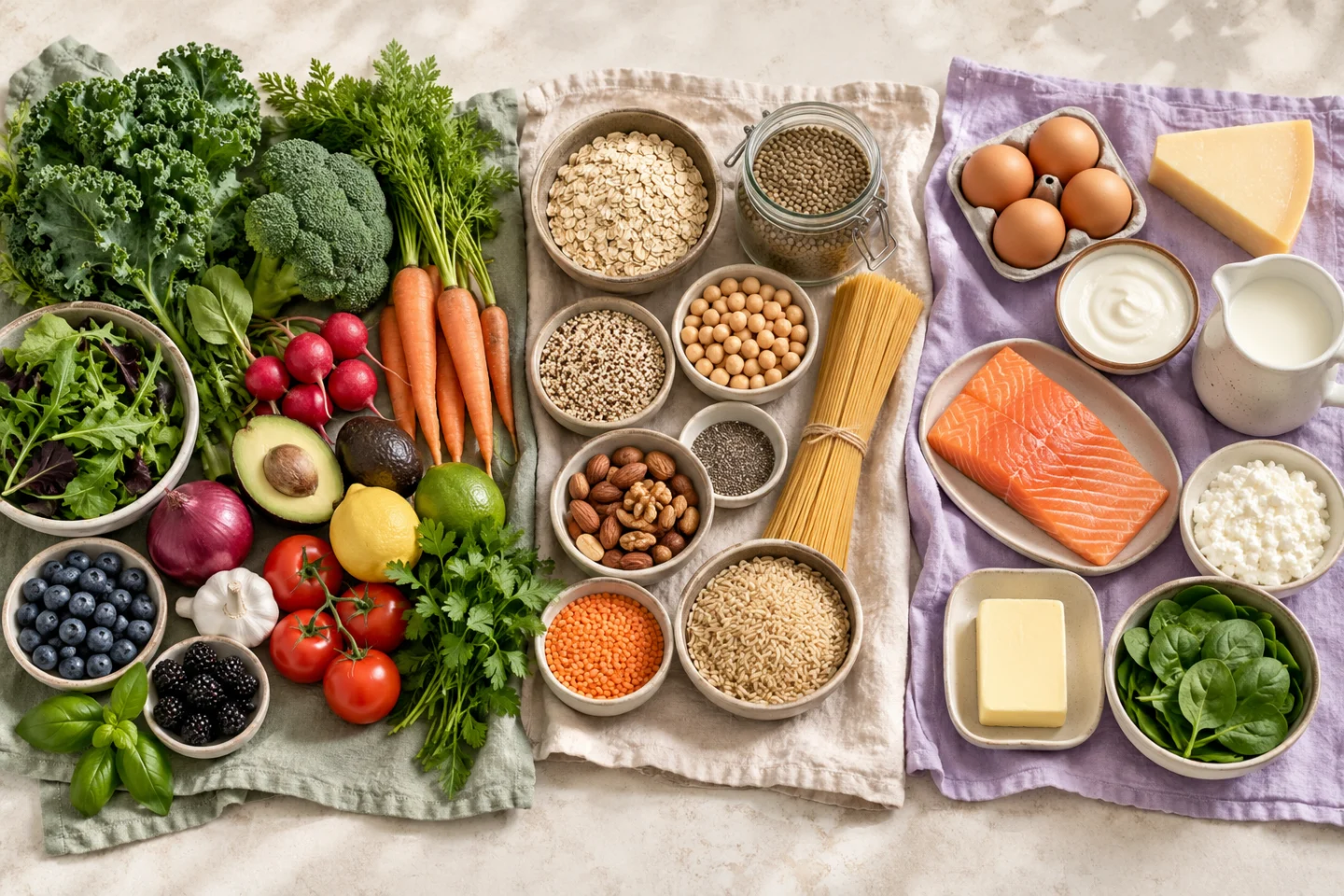 Groceries arranged in produce, dry goods and chilled-food groups.