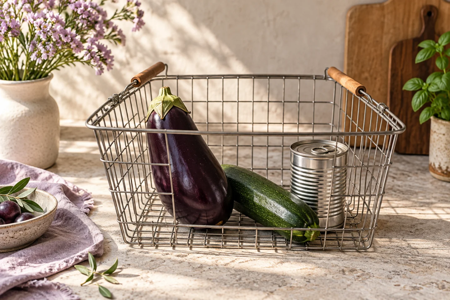 A wire grocery basket holding an aubergine, courgette and plain tin.
