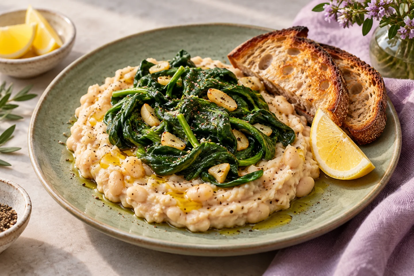 Butter bean mash topped with spinach and sliced garlic, with toast alongside.