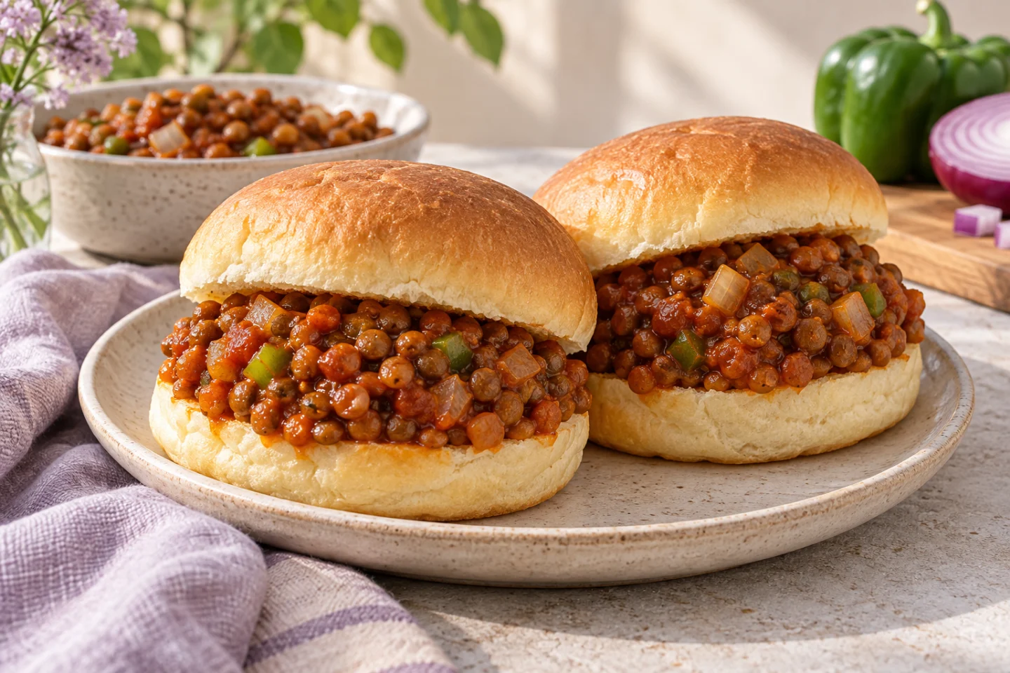Soft bread rolls filled with lentils, diced vegetables and tomato sauce.