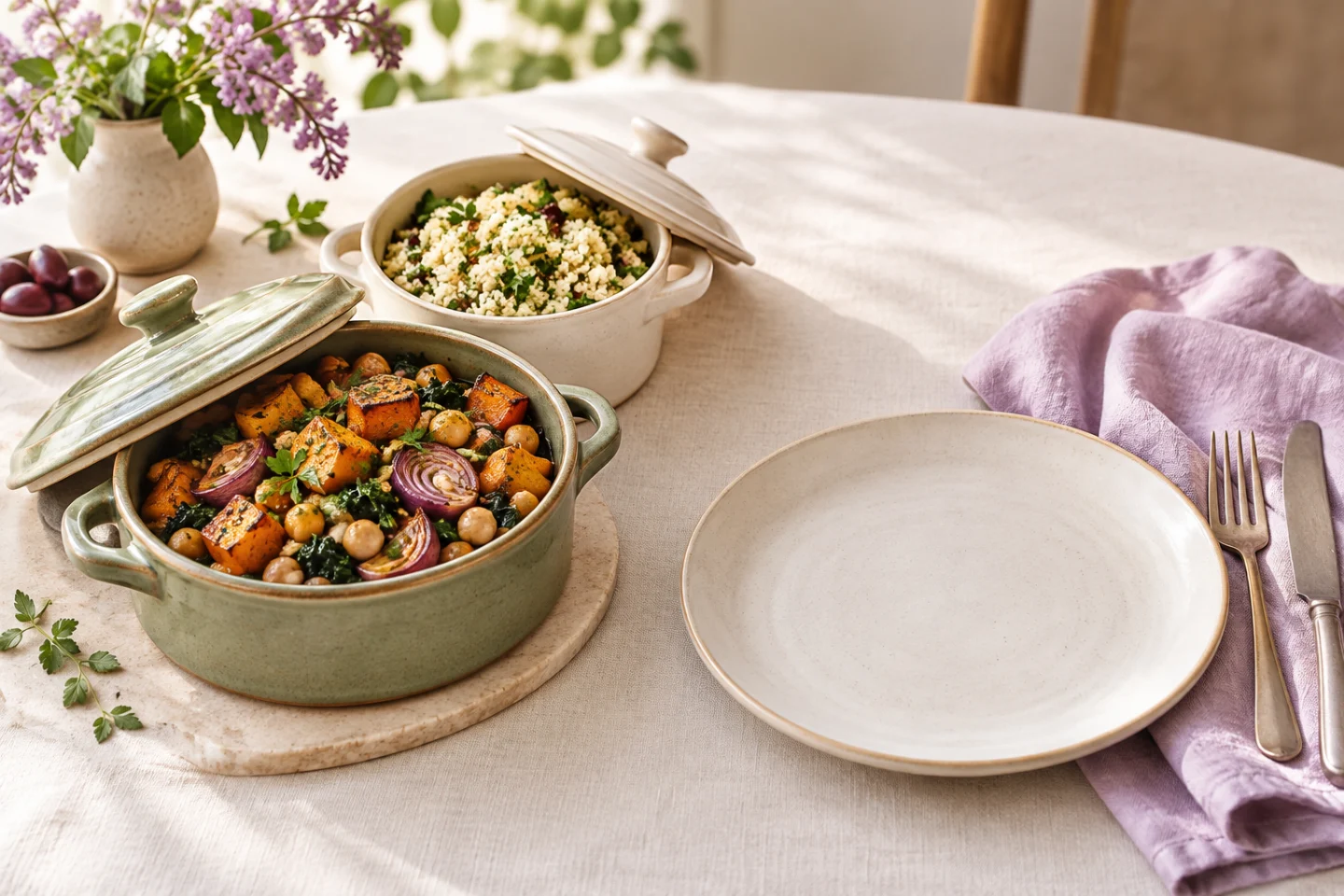 Two open serving dishes of dinner beside an empty plate.