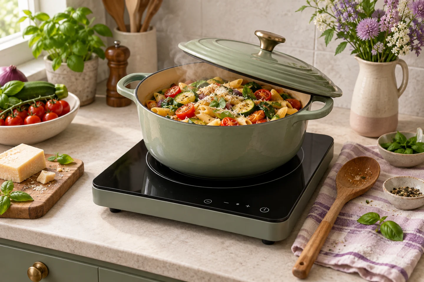 Vegetable pasta in a pot on a single portable cooking hob.