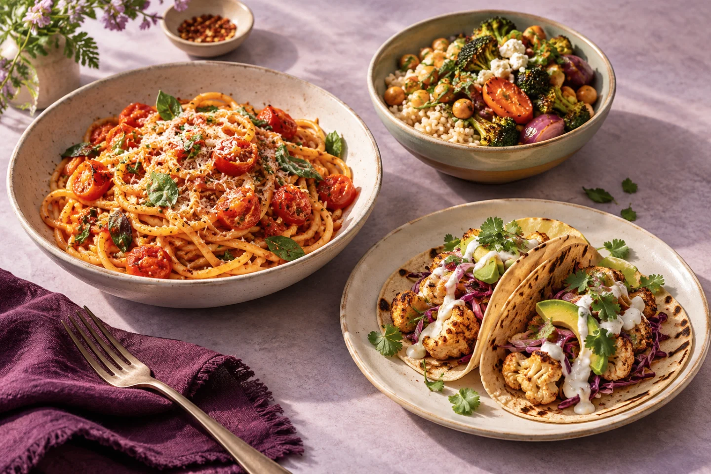 Three dinner ideas: tomato pasta, a vegetable bowl and roasted-vegetable tacos.