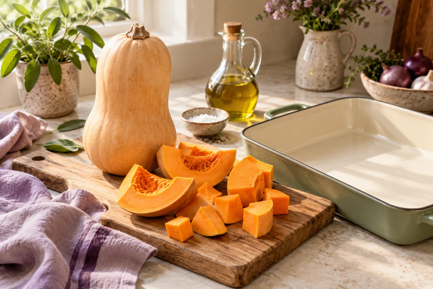 Whole and chopped squash beside a roasting tray and olive oil.