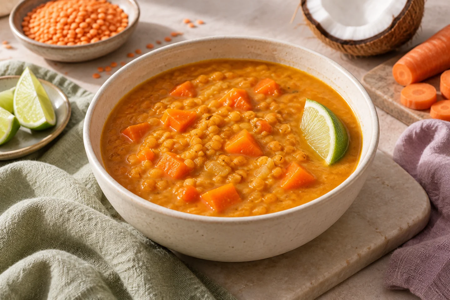 Orange lentil soup with pieces of carrot and a lime wedge.