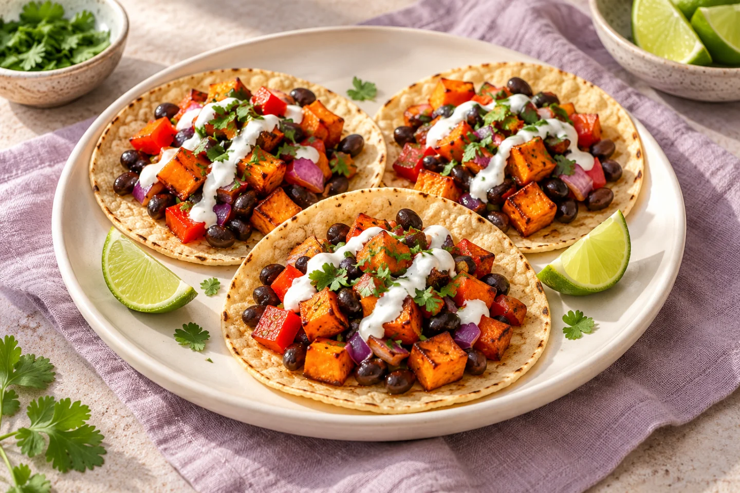 Sweet potato, pepper and black bean tacos with yogurt, coriander and lime.