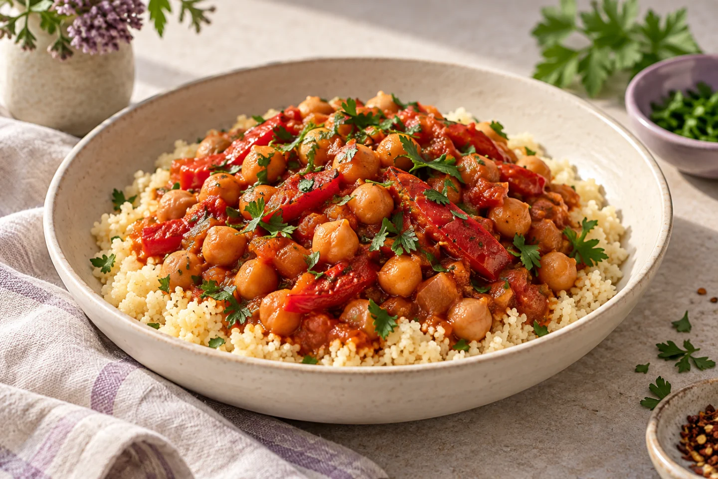 Couscous topped with chickpeas, red pepper and tomato sauce.