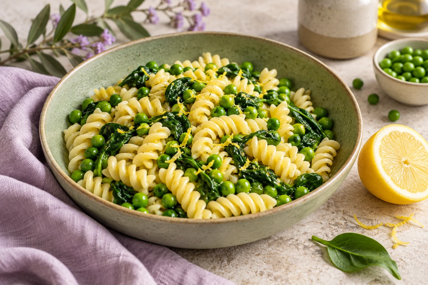 Fusilli with spinach, peas and lemon zest in a green bowl.