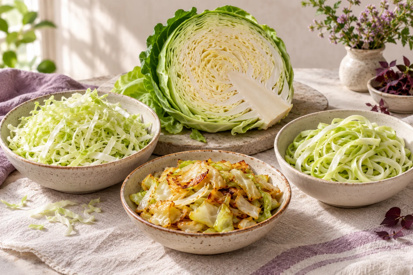 Half a cabbage with bowls of raw shredded cabbage, cooked cabbage and noodles.