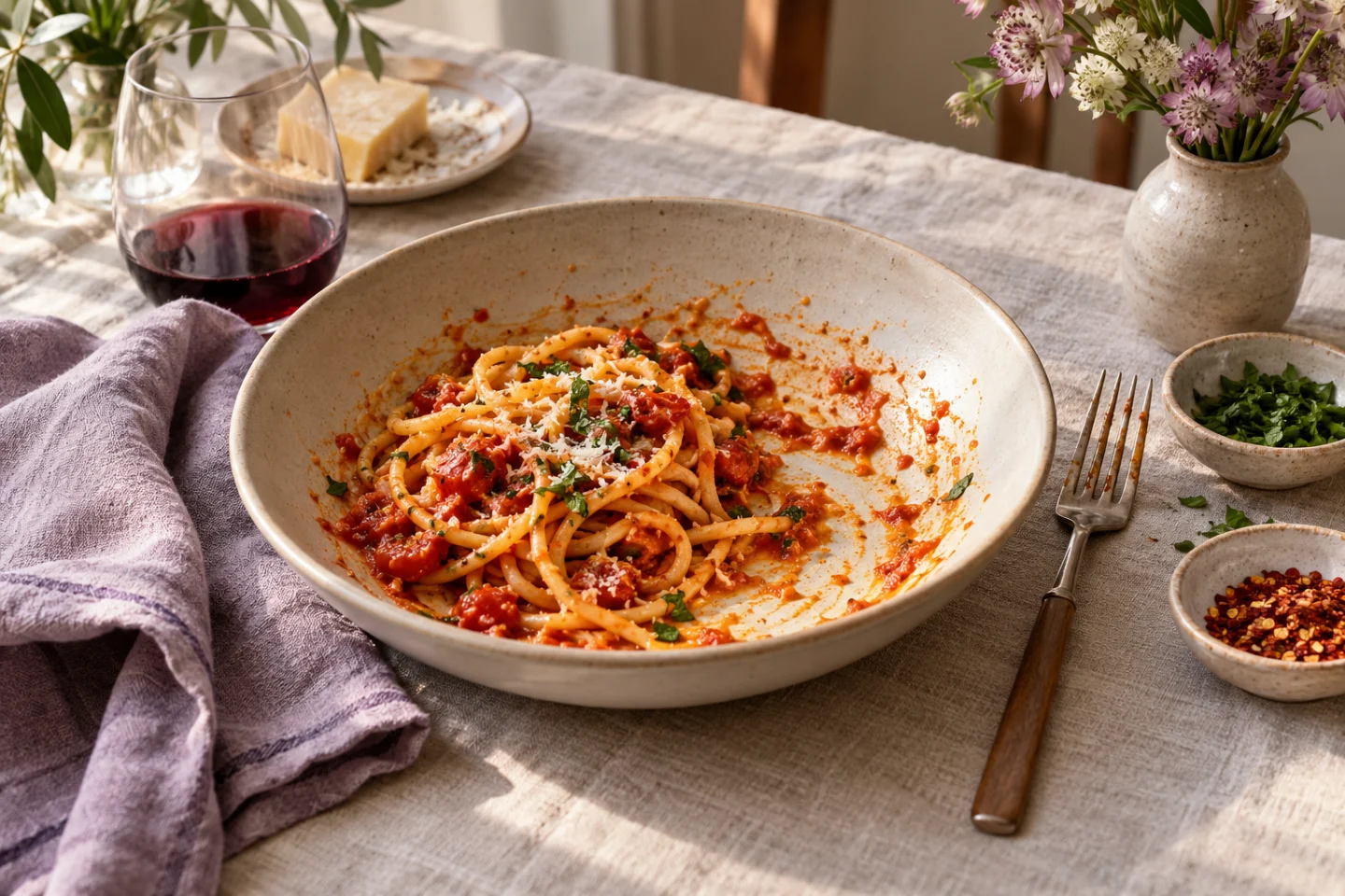 A partly eaten bowl of tomato pasta on a linen-covered table.