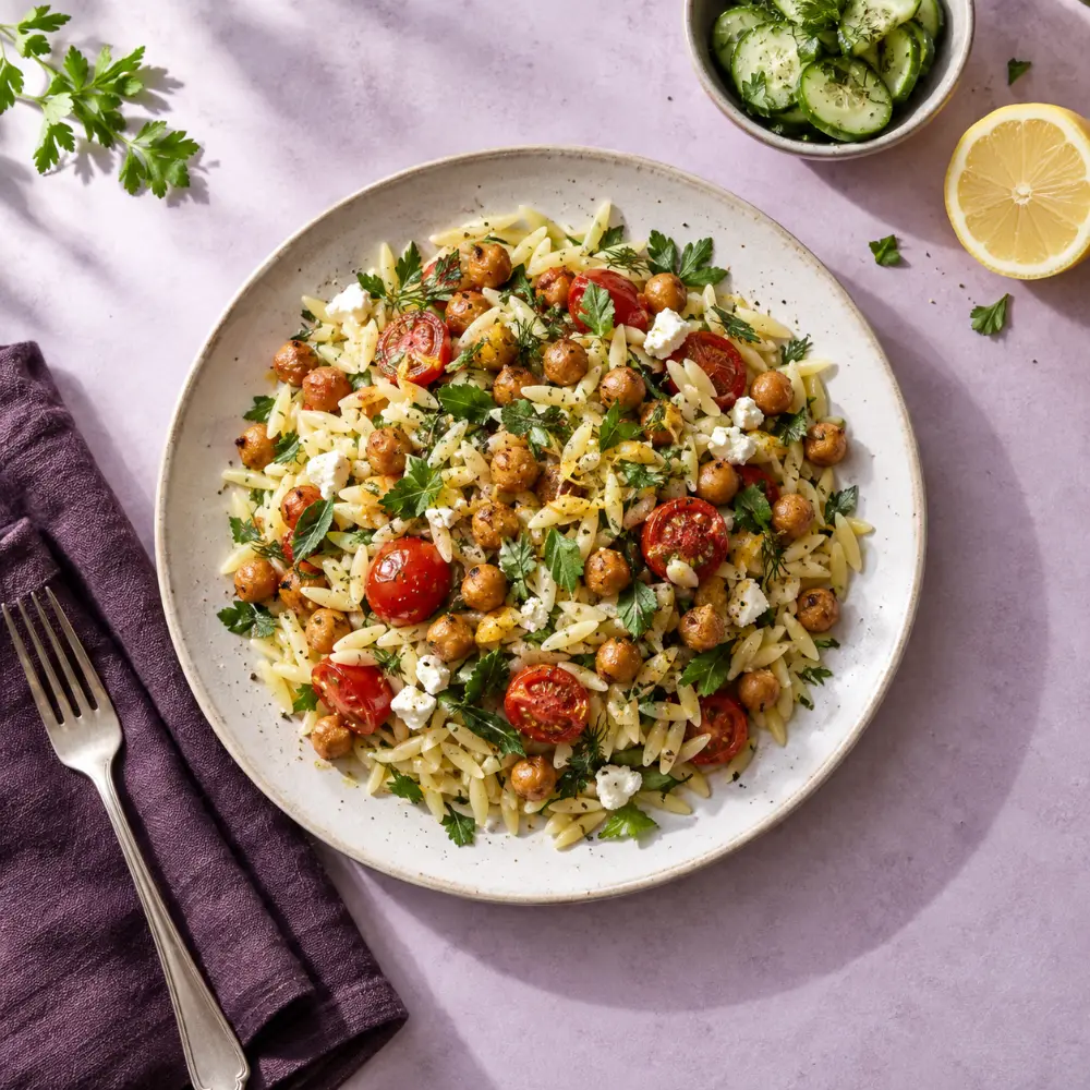 Lemon orzo with chickpeas, tomatoes and herbs on a lilac table